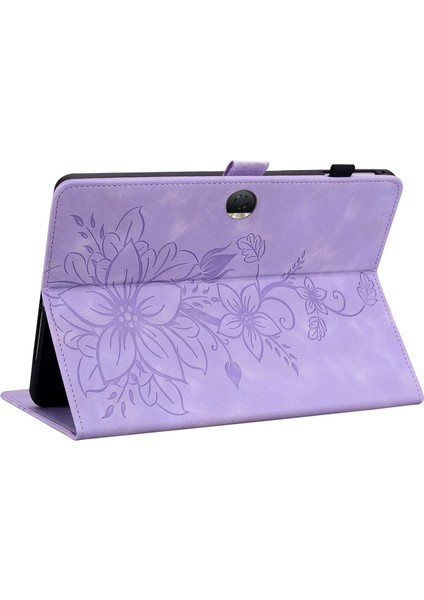 Honor Pad 9 Için Kart Yuvalı Kılıf Zambak Çiçeği Baskı Deri Standlı Tablet Kapağı-Mor (Yurt Dışından)