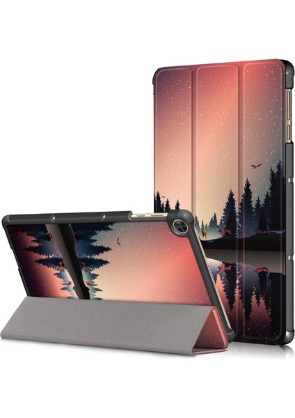 Honor Pad X8/x8 Lite/huawei Matepad T 10 Desen Baskı Pu Deri Üç Katlı Stand Kapağı Düşmeye Dayanıklı Tablet Koruyucu Kılıf-Gece Vakti (Yurt Dışından)