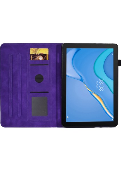 Huawei Mediapad T3 10 Desen Baskılı Tablet Kılıfı Pu Deri Folyo Standı Kalem Tutucu ve Kart Yuvaları ile Akıllı Kapak Kabuk-Mor (Yurt Dışından)