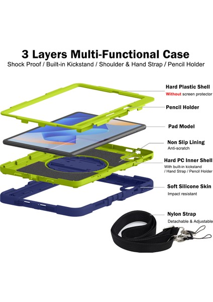 Silikon + Pc Tablet Kılıfı Huawei Matepad 11(2023)DARBEYE Dayanıklı Kickstand Kapak Bilek Bandı/omuz Askısı-Lacivert+Sarı Yeşil (Yurt Dışından)