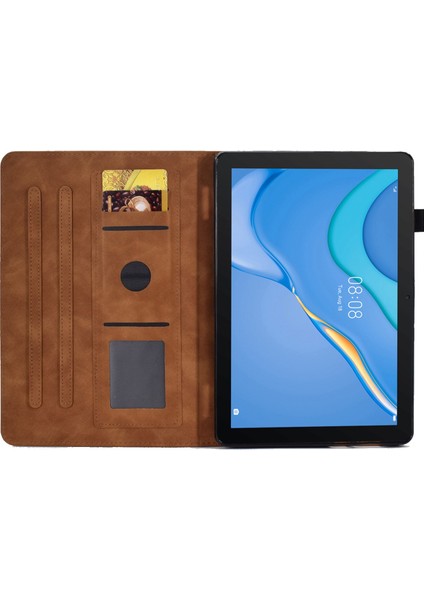Huawei Mediapad T3 10 Desen Baskılı Tablet Kılıfı Pu Deri Folyo Standı Kalem Tutucu ve Kart Yuvaları ile Akıllı Kapak Kabuk-Kahverengi (Yurt Dışından)
