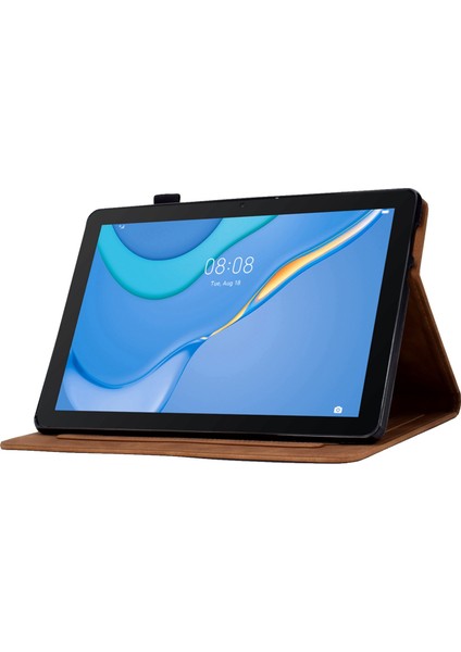 Huawei Mediapad T3 10 Desen Baskılı Tablet Kılıfı Pu Deri Folyo Standı Kalem Tutucu ve Kart Yuvaları ile Akıllı Kapak Kabuk-Kahverengi (Yurt Dışından)