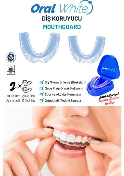 Oral White Diş Gıcırdatma Diş Sıkma Çene Sıkma Önleyici Bruksizm Aparatı Silikon Gece Plağı 2 Parça Dişlik