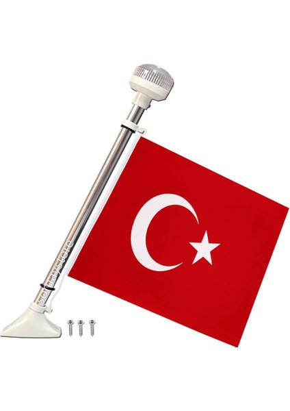 Marine Tekne Işıklı Bayrak Direği Sabit 50cm 30x45cm Bayraklı Beyaz 12-24v Led