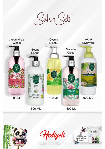 Sabun Paket 500 ml Manolya Çiçeği, Beyaz Sabun, Çeşme Limonu, Zeytinyağlı, Japon Kiraz Çiçeği ve Rosie