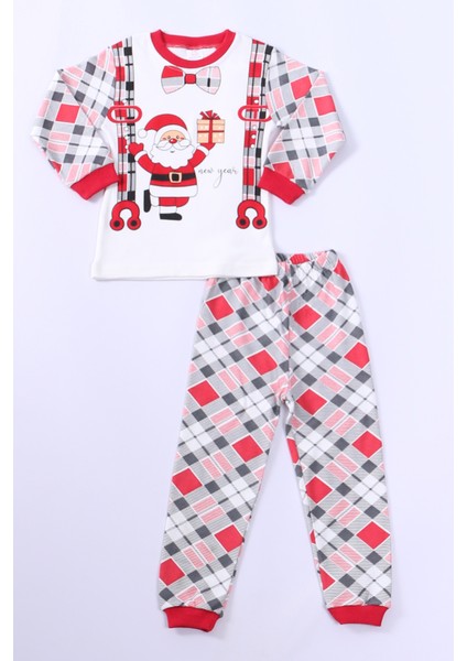 Çocuk Yılbaşı Pijama Takımı Noel Baba Baskılı Ribanalı D8