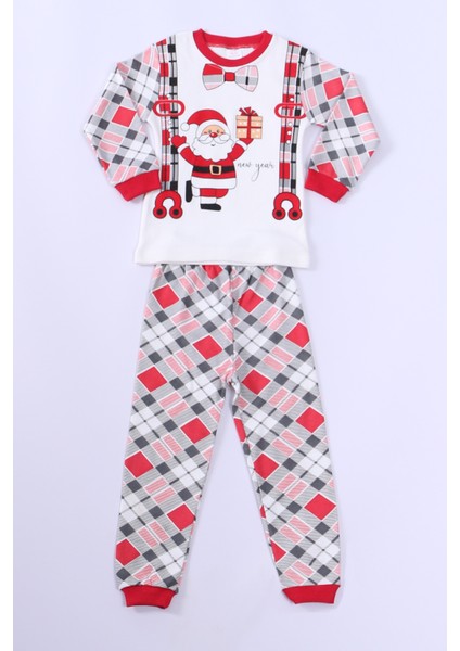Çocuk Yılbaşı Pijama Takımı Noel Baba Baskılı Ribanalı D8
