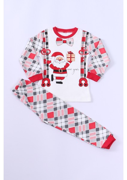 Çocuk Yılbaşı Pijama Takımı Noel Baba Baskılı Ribanalı D8