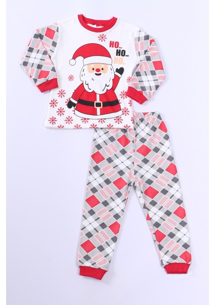 Çocuk Yılbaşı Pijama Takımı Noel Baba Baskılı Ribanalı D8