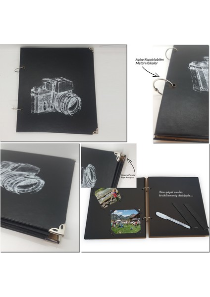 Suni Deri Kaplı Kapaklı Fotoğraf Makinası Temalı Albüm Anı Defteri 23X20 Cm. 15 Yaprak Siyah