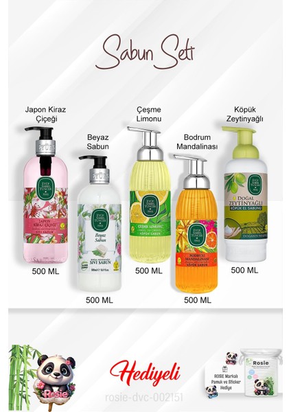 500 ml Sabun Paket Japon Kiraz Çiçeği, Bodrum Mandalinası, Zeytinyağlı, Beyaz Sabun, Çeşme Limonu ve Rosie