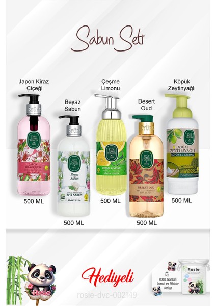 500 ml Sabun Paket Zeytinyağlı, Desert Oud, Beyaz Sabun, Çeşme Limonu, Japon Kiraz Çiçeği ve Rosie