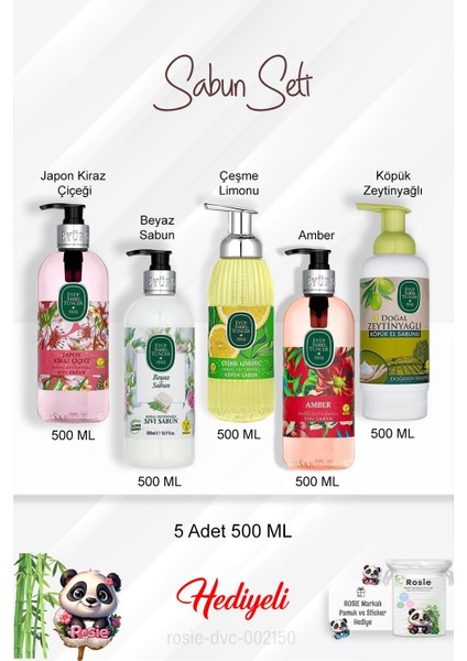 500 ml Sabun Paket Amber, Zeytinyağlı, Beyaz Sabun, Çeşme Limonu, Japon Kiraz Çiçeği ve Rosie