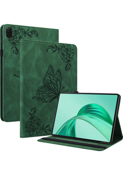 Honor Pad X8A Kılıf Için Çiçek Baskı Pu Deri Tablet Kılıfı, Kart Yuvalı-Yeşil (Yurt Dışından)