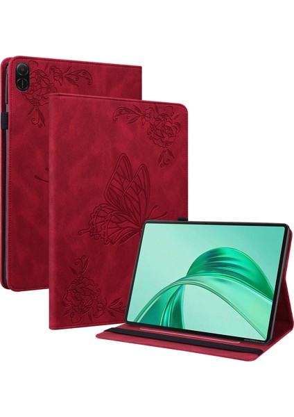 Honor Pad X8A Kılıf Çiçek Baskılı Pu Deri Tablet Kılıfı, Kart Yuvalı-Kırmızı (Yurt Dışından)
