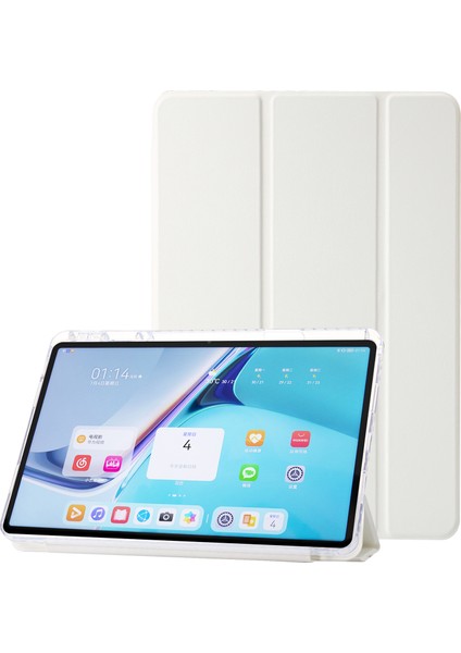 Huawei Matepad Se 11 Kılıf Üç Katlı Stand Deri+Tpu+Akrilik Şeffaf Arka Tablet Kapağı-Beyaz (Yurt Dışından)