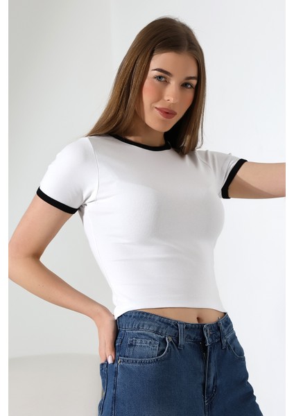 Penye Likralı Ribana Yakası ve Kol Ağzı Beyaz Biyeli Pamuklu T-Shirt 21832 Beyaz modelleri