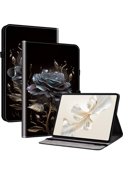 Honor Pad 9 Kart Yuvası Kılıf Desen Baskı Pu Deri Tablet Kapağı-Siyah Gül (Yurt Dışından)