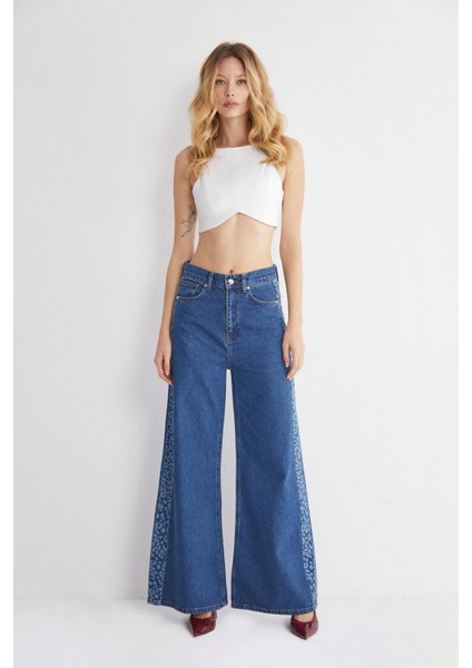 Leopar Şeritli Yüksek Bel Bol Paça Denim Jeans