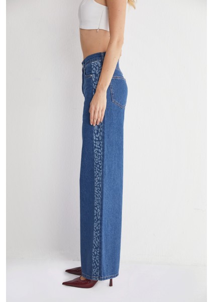 Leopar Şeritli Yüksek Bel Bol Paça Denim Jeans fiyatları