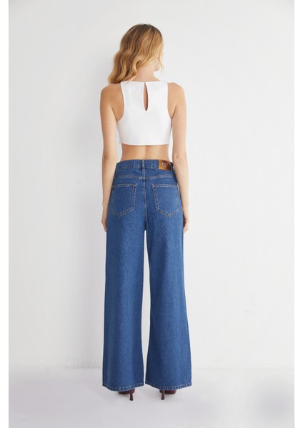 Leopar Şeritli Yüksek Bel Bol Paça Denim Jeans indirimleri