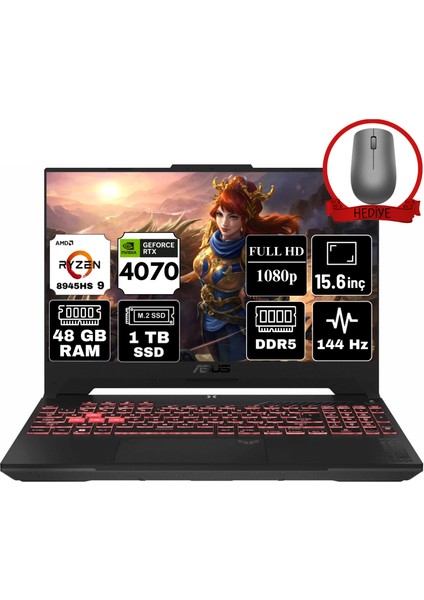 Tuf Gaming A15 Amd Ryzen 9 8945HS 48GB 1tb SSD RTX4070/8GB Freedos 15.6" Fhd 144Hz Taşınabilir Bilgisayar FA507UI-LP054-A18 & Anzar Mouse