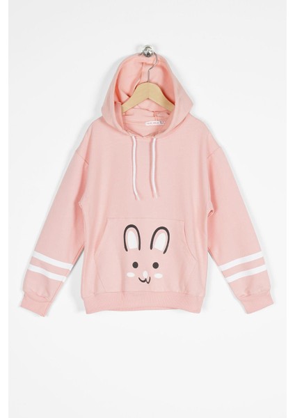 Kapüşonlu Uzun Kol Somon Renk Kız Çocuk Sweatshirt