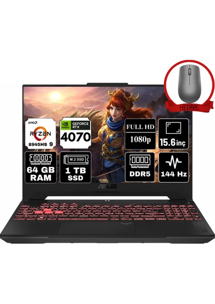 Tuf Gaming A15 Amd Ryzen 9 8945HS 64GB 1tb SSD RTX4070/8GB W11H 15.6" Fhd 144Hz Taşınabilir Bilgisayar FA507UI-LP054-A50 & Anzar Mouse