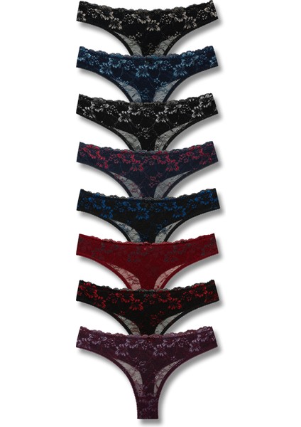 8'li Önü Dantel Arkası Çift Kat Pamuklu Tanga Kadın Külot