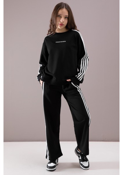 Siyah Yanları Şeritli Geniş Paça Kız Eşofman Takımı 19872 modelleri