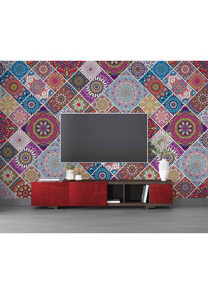 Rengarenk Çini Mandala Desenli Duvar Kağıdı modelleri