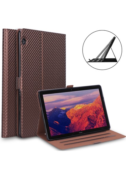 WY-1595A Karbon Fiber Doku Pu Deri Koruyucu Kabuk Huawei Mediapad T5 10-Kahverengi (Yurt Dışından)