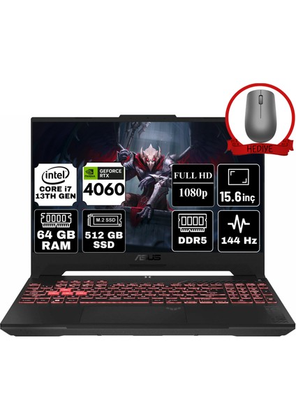 Tuf Gaming F15 Intel Core I7 13620H 64GB 512GB SSD RTX4060 W11H 15.6" Fhd 144Hz Taşınabilir Bilgisayar FX507VV-LP139-A49 & Anzar Mouse