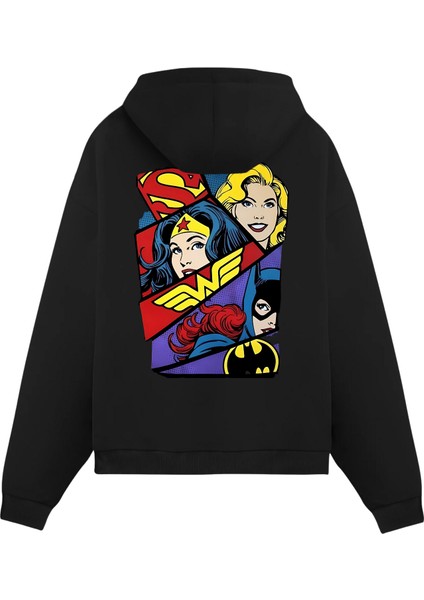 Unisex Siyah Superman Baskılı Oversize Fit Pamuklu Kapüşonlu Sweatshirt