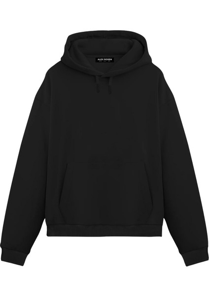 Unisex Siyah Superman Baskılı Oversize Fit Pamuklu Kapüşonlu Sweatshirt