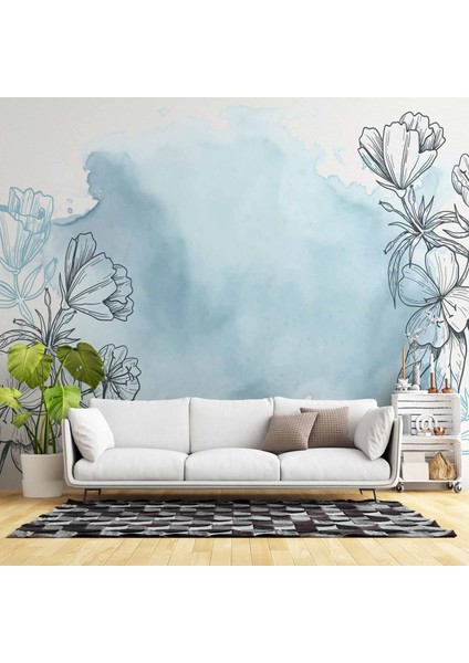 Mavi Zemin ve Siyah Çiçek Çizim Desenli Duvar Kağıdı