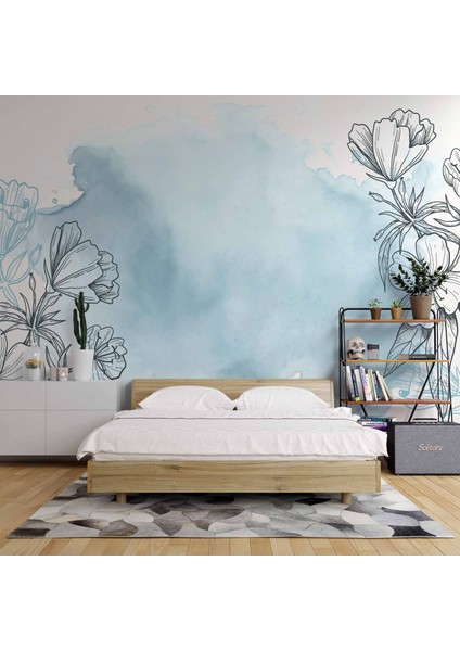 Mavi Zemin ve Siyah Çiçek Çizim Desenli Duvar Kağıdı fiyatları