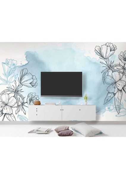 Mavi Zemin ve Siyah Çiçek Çizim Desenli Duvar Kağıdı modelleri