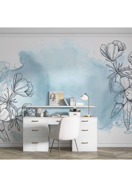 Mavi Zemin ve Siyah Çiçek Çizim Desenli Duvar Kağıdı fırsatları