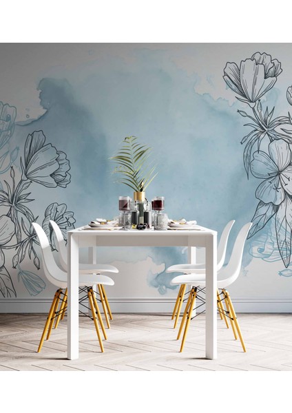 Mavi Zemin ve Siyah Çiçek Çizim Desenli Duvar Kağıdı indirimleri