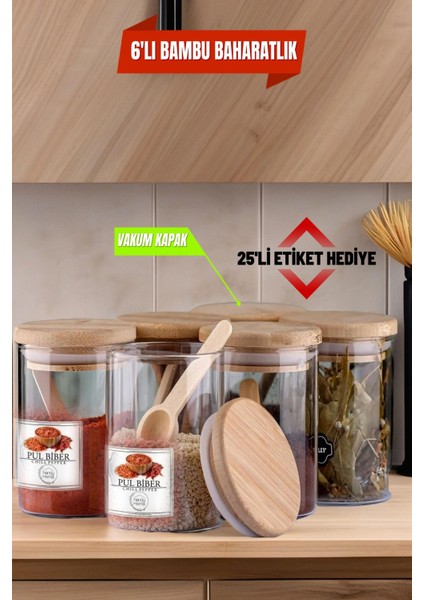 6'lı Cam Vakumlu Bambu Kapaklı Borosilikat Baharatlık, Saklama Kabı, Çerezlik (200 Ml)
