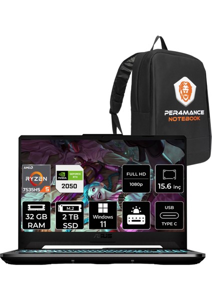 Tuf Gaming A15 Amd Ryzen 5 7535HS 32GB 2tb SSD RTX2050/4GB 15.6" Fhd 144Hz W11P Taşınabilir Bilgisayar & Per4 Çanta HN050P399