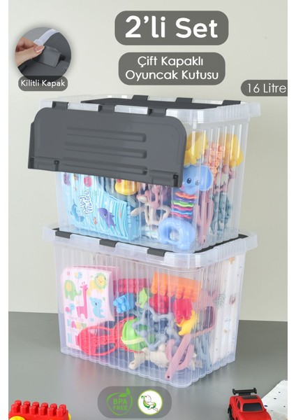 Tekno Trust 2'li Set - Bebek Çocuk Odası Düzenleyici - Kilitli Kapak Oyuncak Kutusu Organizer - 16 Lt Antrasit