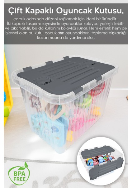 Tekno Trust 2'li Set - Bebek Çocuk Odası Düzenleyici - Kilitli Kapak Oyuncak Kutusu Organizer - 16 Lt Antrasit