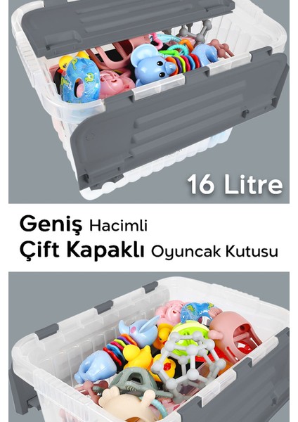 Tekno Trust 2'li Set - Bebek Çocuk Odası Düzenleyici - Kilitli Kapak Oyuncak Kutusu Organizer - 16 Lt Antrasit