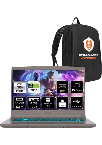 Msı Thin 15 Intel Core I5 12450H 16GB 4tb SSD RTX2050/4GB 15.6" Fhd 144Hz W11P Taşınabilir Bilgisayar & Per4 Çanta B12UCX2420TRP365