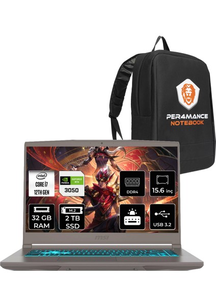 Msı Thin 15 Intel Core I7 12650H 32GB 2tb SSD RTX3050/4GB 15.6" Fhd 144Hz Fdos Taşınabilir Bilgisayar & Per4 Çanta B12UC1479XTRP329