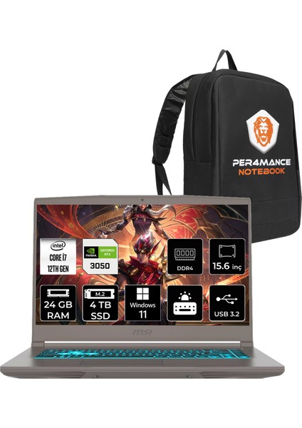 Msı Thin 15 Intel Core I7 12650H 24GB 4tb SSD RTX3050/4GB 15.6" Fhd 144Hz W11P Taşınabilir Bilgisayar & Per4 Çanta B12UC1479XTRP425