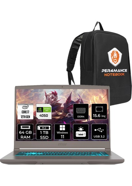 Msı Thin 15 Intel Core I7 12650H 64GB 1tb SSD RTX4050/6GB 15.6" Fhd 144Hz W11P Taşınabilir Bilgisayar & Per4 Çanta B12VE1892XTRP448