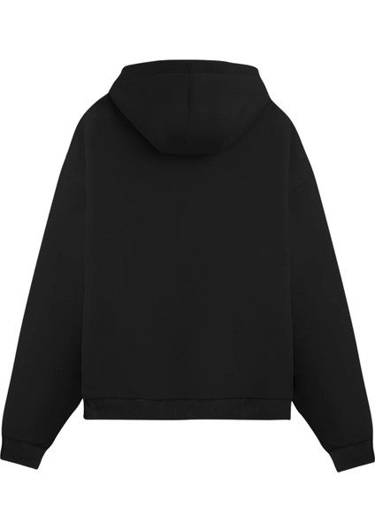 Unisex Siyah Minimal Baskılı Oversize Fit Pamuklu Kapüşonlu Sweatshirt